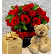 COMBO BOX 12 ROSES, TEDDY AND FERRERO